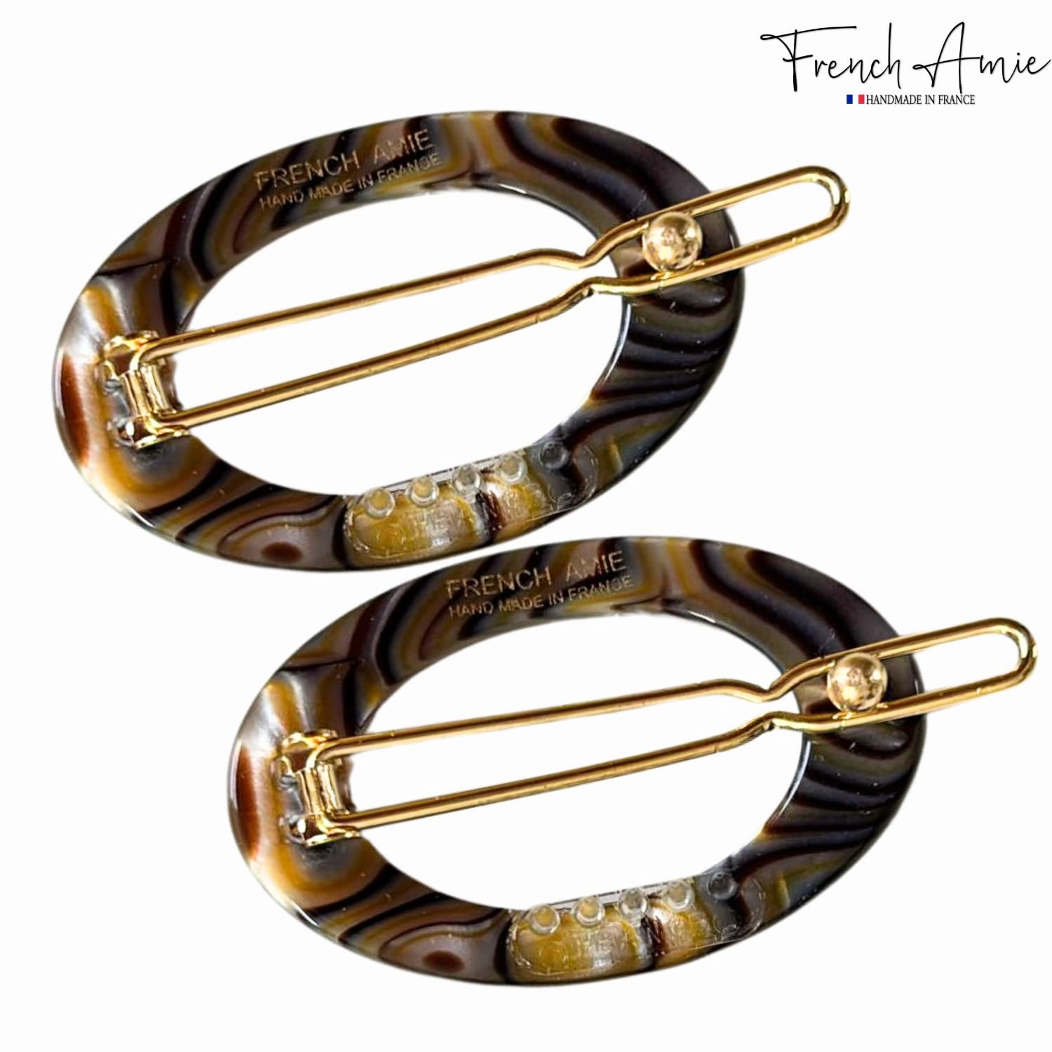 French Amie Oval Hoop Small 1 1/2” Onyx Celluloid Handmade Snap Hair Clips for Women Tige Boule Clasp Side Slide-in Barrette Clip Hair Accessories for Girl - 2 Pieces