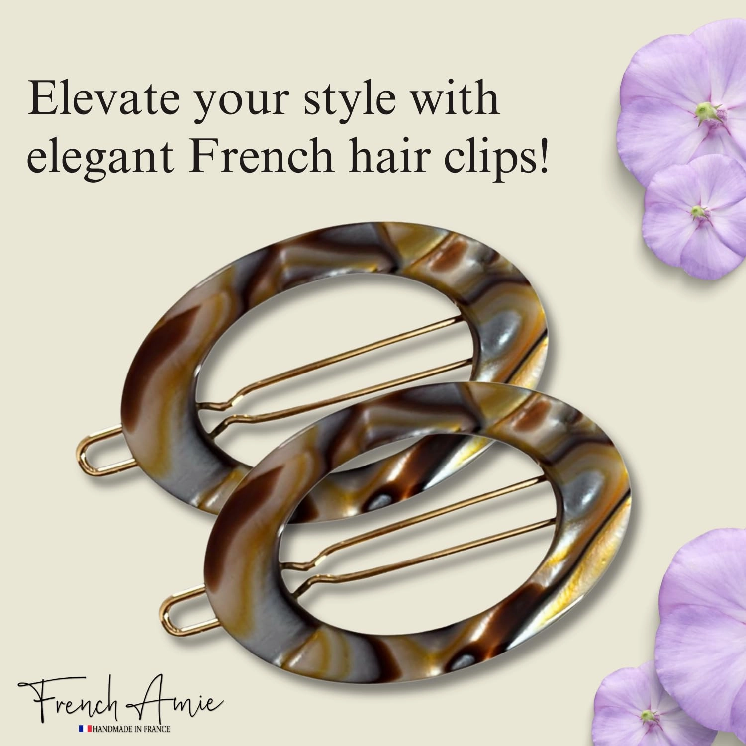 French Amie Oval Hoop Small 1 1/2” Onyx Celluloid Handmade Snap Hair Clips for Women Tige Boule Clasp Side Slide-in Barrette Clip Hair Accessories for Girl - 2 Pieces