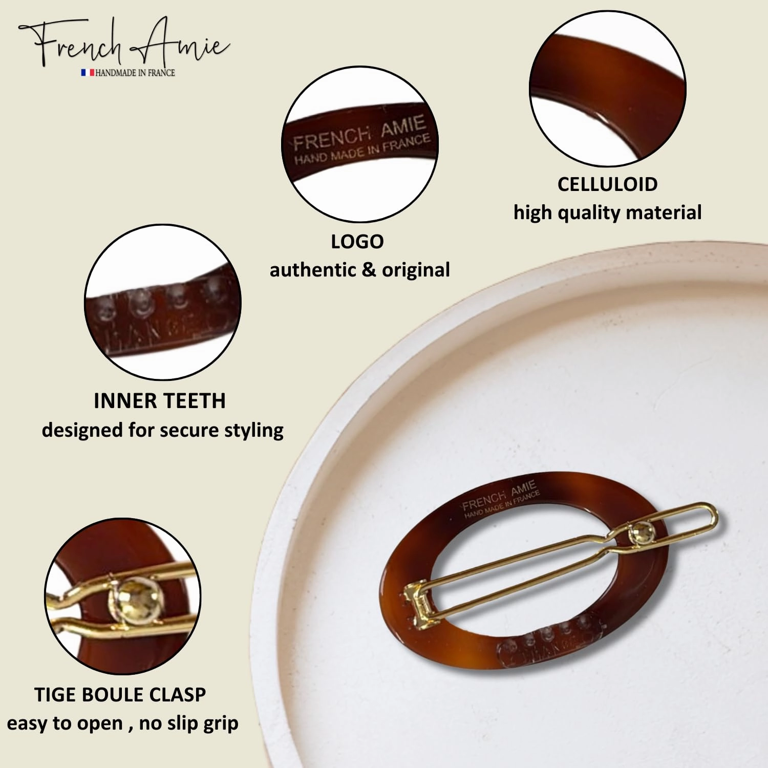 French Amie Oval Hoop Small 1 1/2” Tortoise Shell Celluloid Handmade Snap Hair Clips for Women Tige Boule Clasp Side Slide-in Barrette Clip Hair Accessories for Girl - 2 Piece