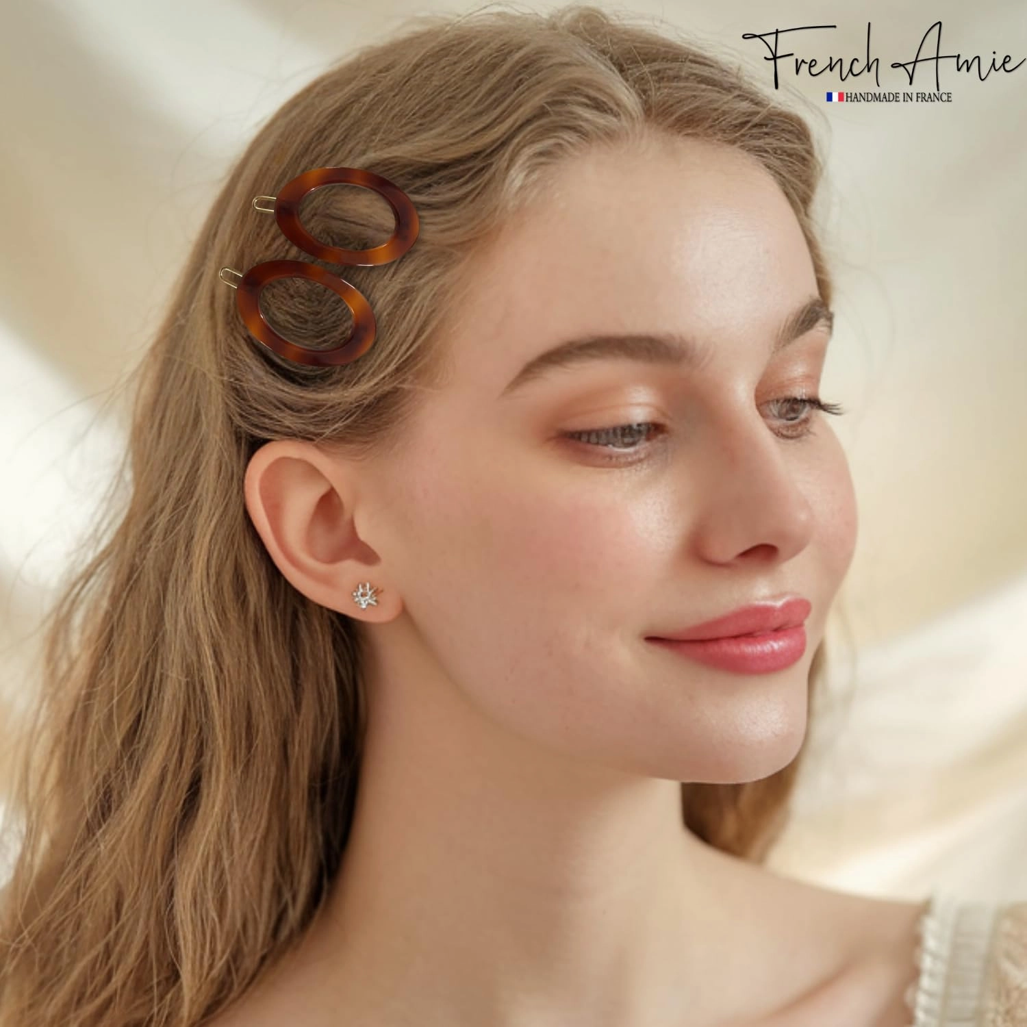 French Amie Oval Hoop Small 1 1/2” Tortoise Shell Celluloid Handmade Snap Hair Clips for Women Tige Boule Clasp Side Slide-in Barrette Clip Hair Accessories for Girl - 2 Piece