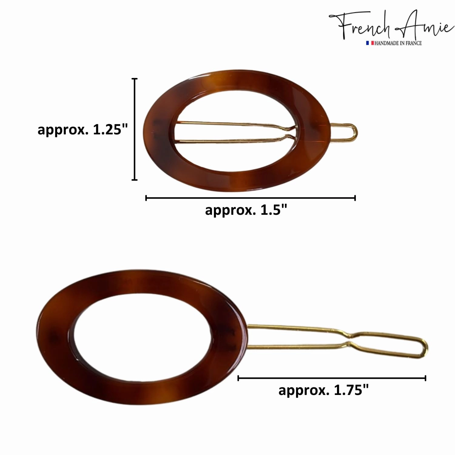 French Amie Oval Hoop Small 1 1/2” Tortoise Shell Celluloid Handmade Snap Hair Clips for Women Tige Boule Clasp Side Slide-in Barrette Clip Hair Accessories for Girl - 2 Piece