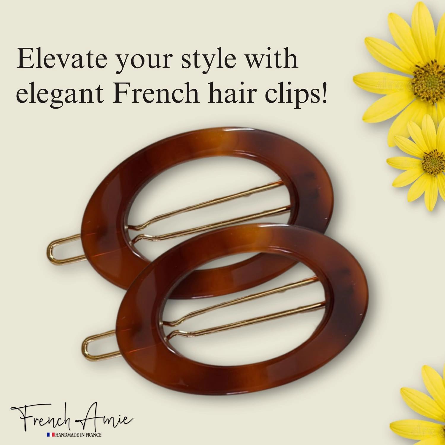 French Amie Oval Hoop Small 1 1/2” Tortoise Shell Celluloid Handmade Snap Hair Clips for Women Tige Boule Clasp Side Slide-in Barrette Clip Hair Accessories for Girl - 2 Piece