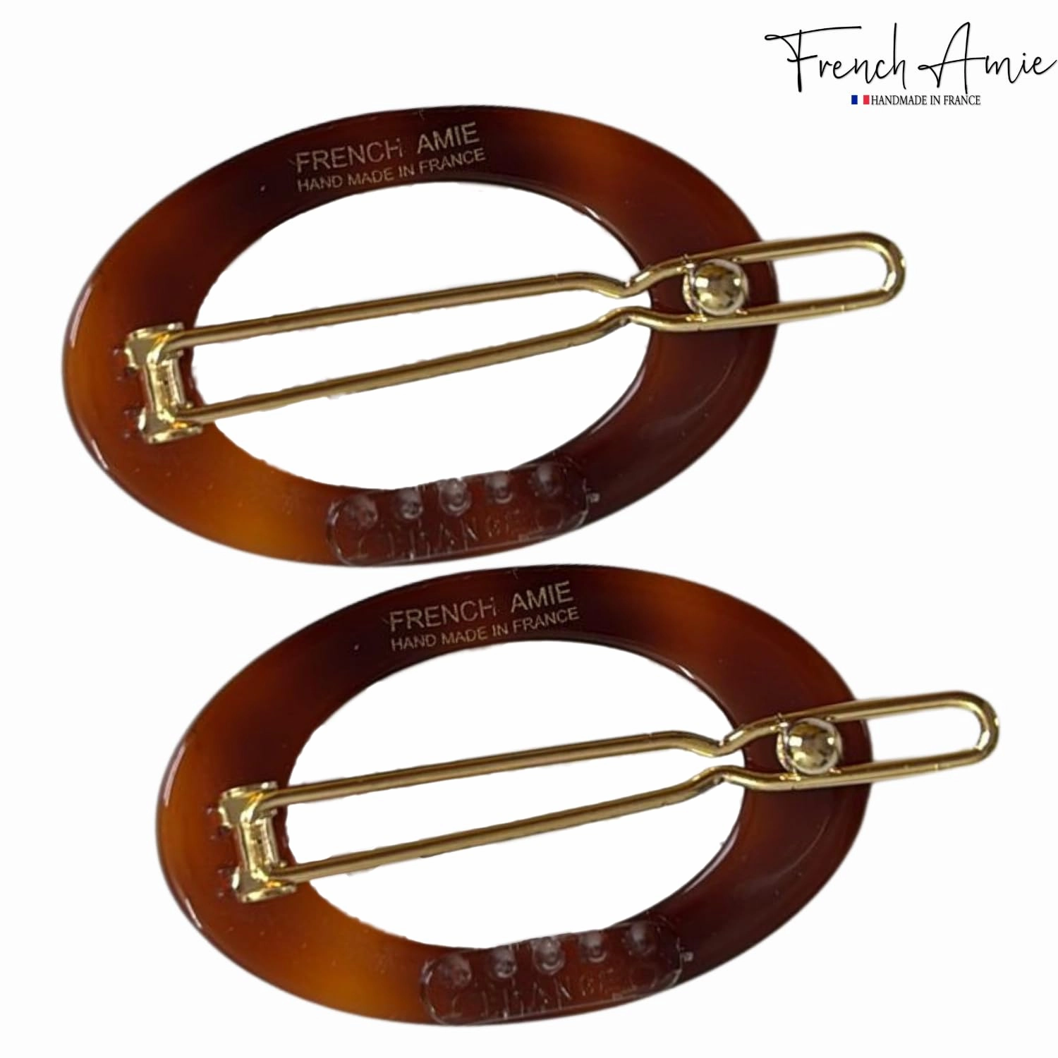 French Amie Oval Hoop Small 1 1/2” Tortoise Shell Celluloid Handmade Snap Hair Clips for Women Tige Boule Clasp Side Slide-in Barrette Clip Hair Accessories for Girl - 2 Piece