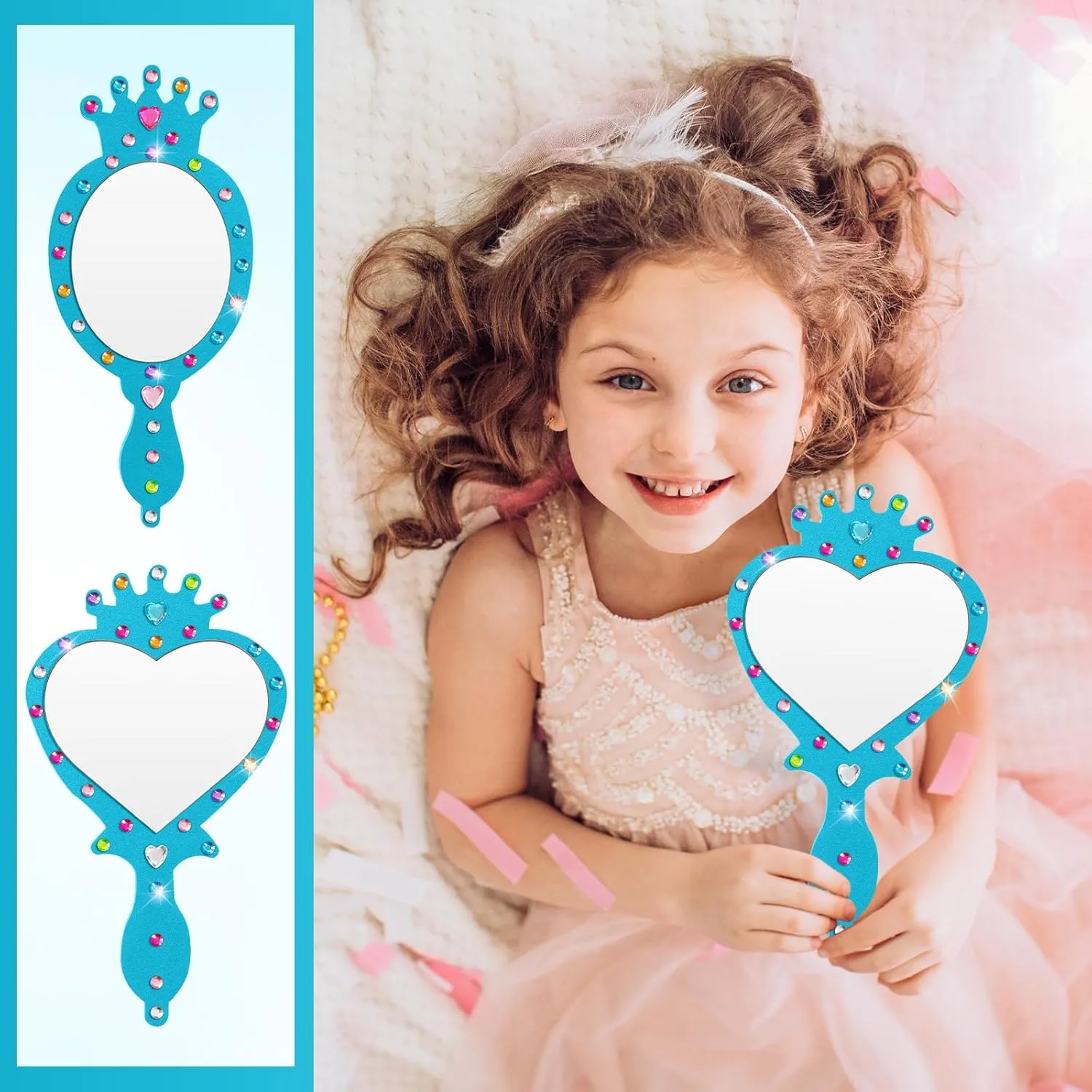 Geetery 20 Pcs Unbreakable Kids Mirror DIY Decorate Your Own Princess Mirror Mermaid Princess Foam Small Crafts for Princess Party Decorations(Blue)