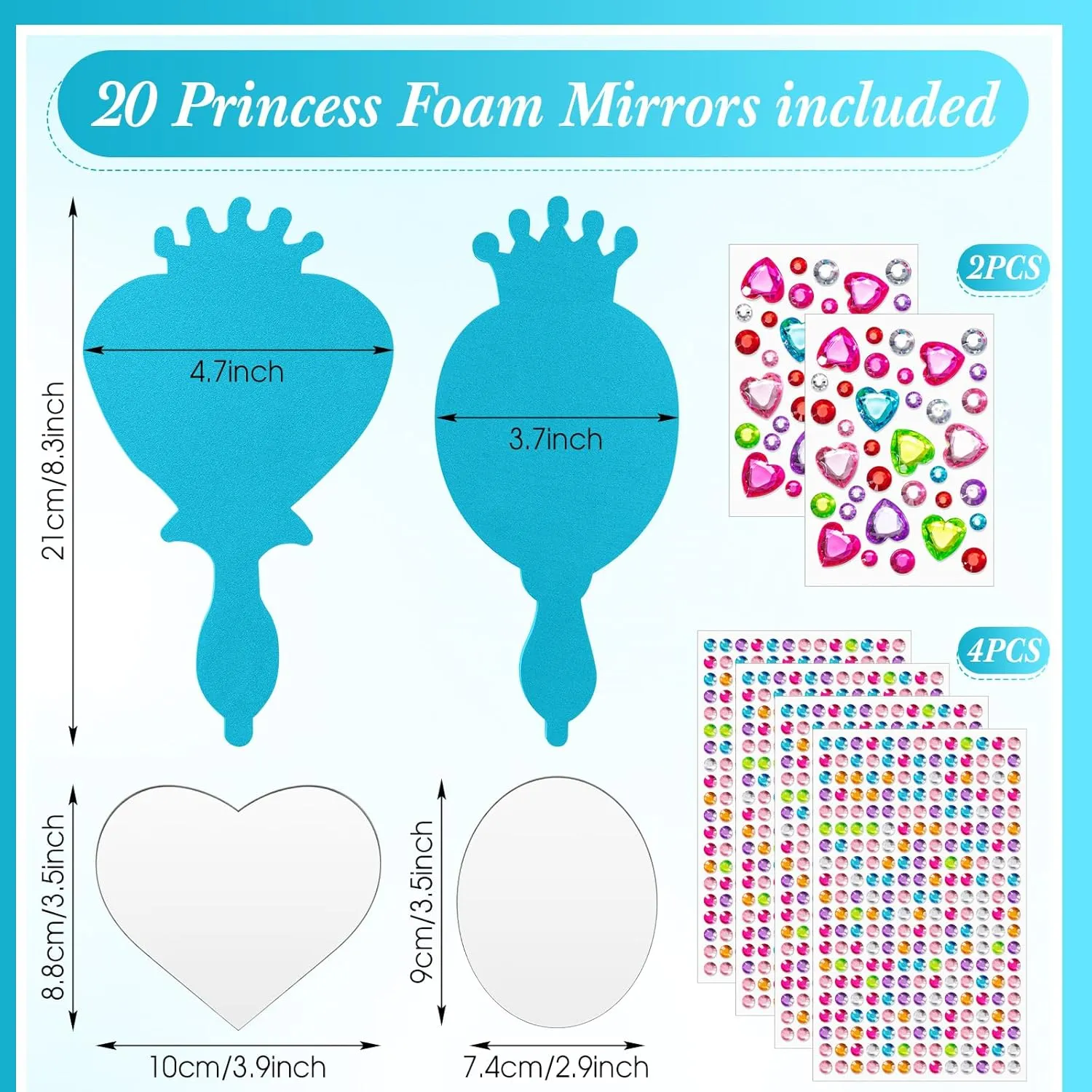 Geetery 20 Pcs Unbreakable Kids Mirror DIY Decorate Your Own Princess Mirror Mermaid Princess Foam Small Crafts for Princess Party Decorations(Blue)