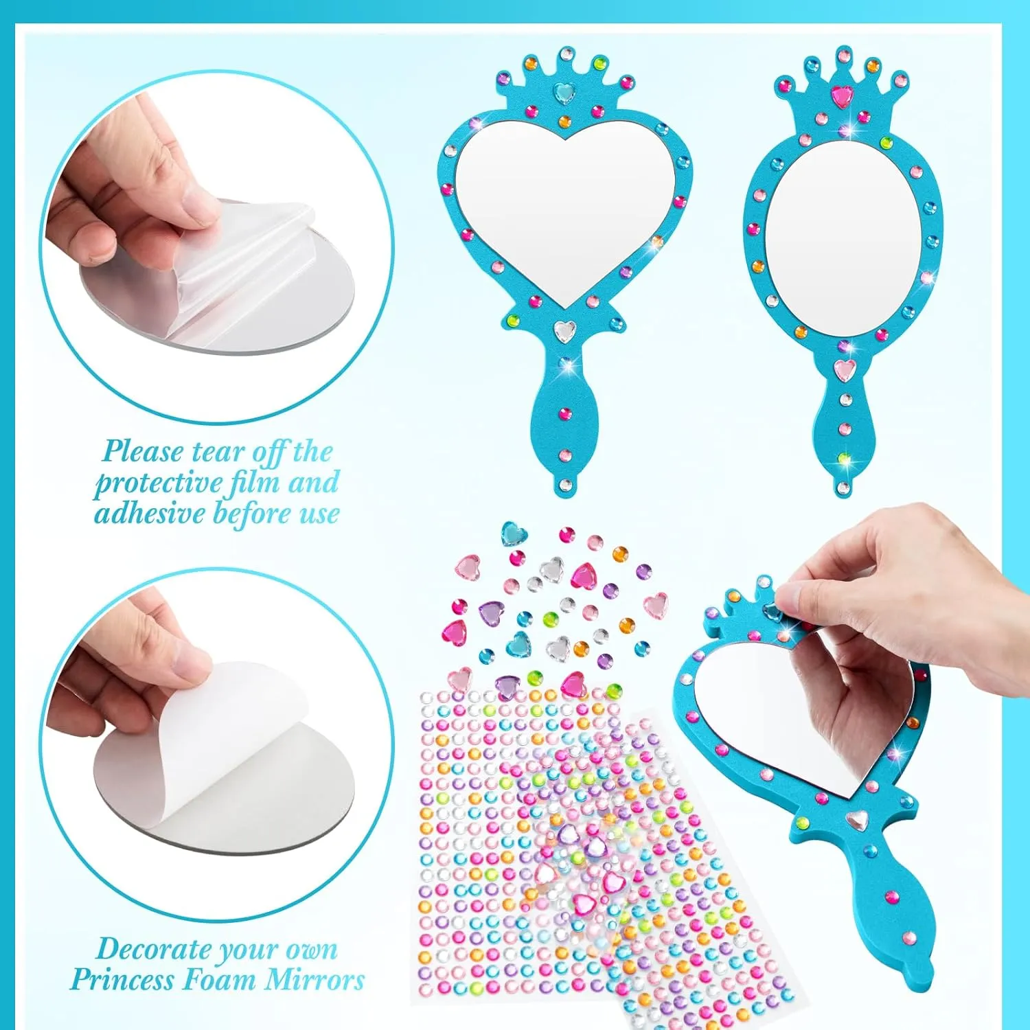 Geetery 20 Pcs Unbreakable Kids Mirror DIY Decorate Your Own Princess Mirror Mermaid Princess Foam Small Crafts for Princess Party Decorations(Blue)