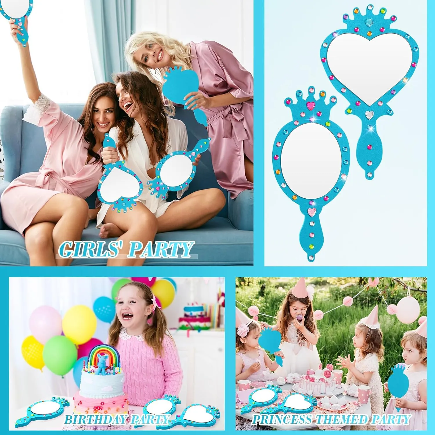 Geetery 20 Pcs Unbreakable Kids Mirror DIY Decorate Your Own Princess Mirror Mermaid Princess Foam Small Crafts for Princess Party Decorations(Blue)