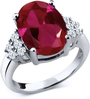 Gem Stone King 5.90 Cttw Oval Red Created Ruby and White Created Sapphire 925 Sterling Silver Ring for Women | Oval 14X10MM | Available In Size 5, 6, 7, 8, 9