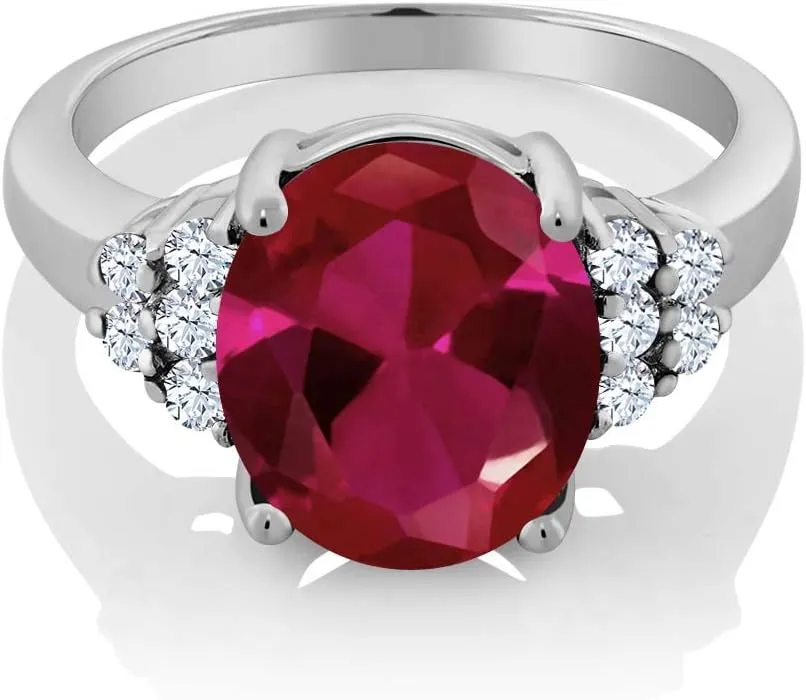 Gem Stone King 5.90 Cttw Oval Red Created Ruby and White Created Sapphire 925 Sterling Silver Ring for Women | Oval 14X10MM | Available In Size 5, 6, 7, 8, 9