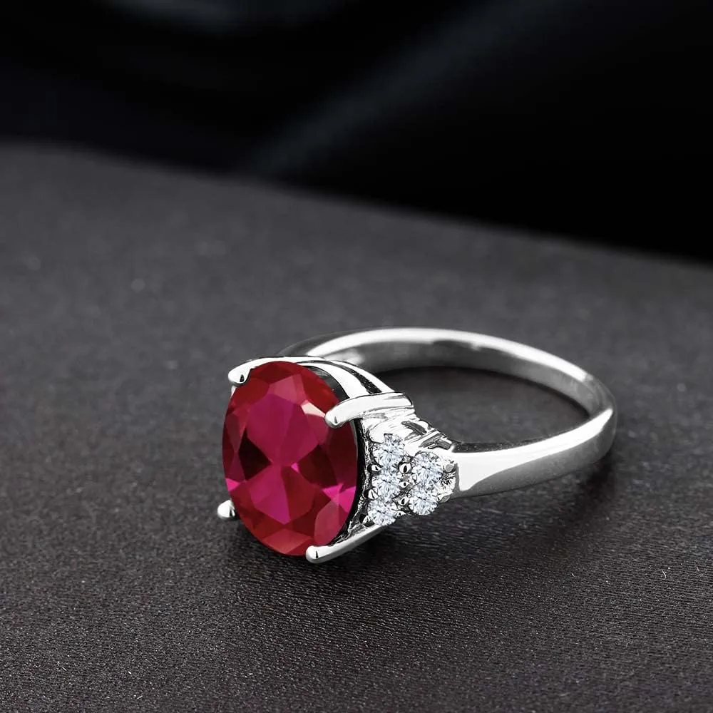 Gem Stone King 5.90 Cttw Oval Red Created Ruby and White Created Sapphire 925 Sterling Silver Ring for Women | Oval 14X10MM | Available In Size 5, 6, 7, 8, 9