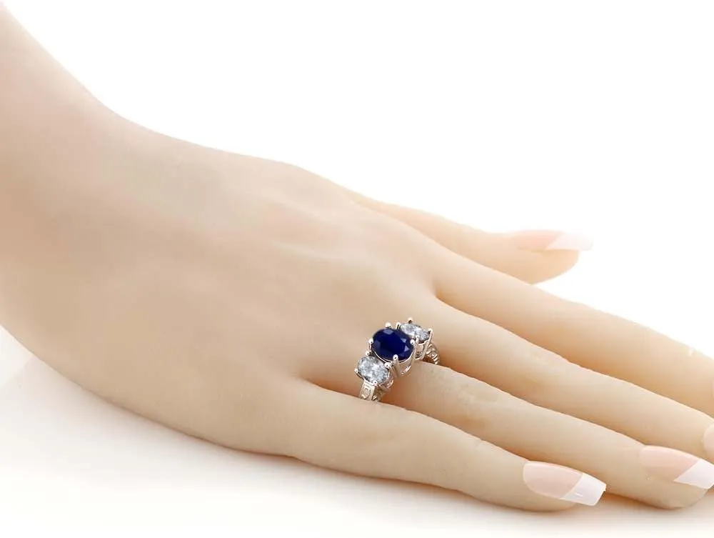 Gem Stone King 925 Sterling Silver Blue Sapphire and White Topaz 3-Stone Engagement Ring For Women (4.40 Cttw, Oval 9X7MM and 7X5MM, Available in size 5, 6, 7, 8, 9)