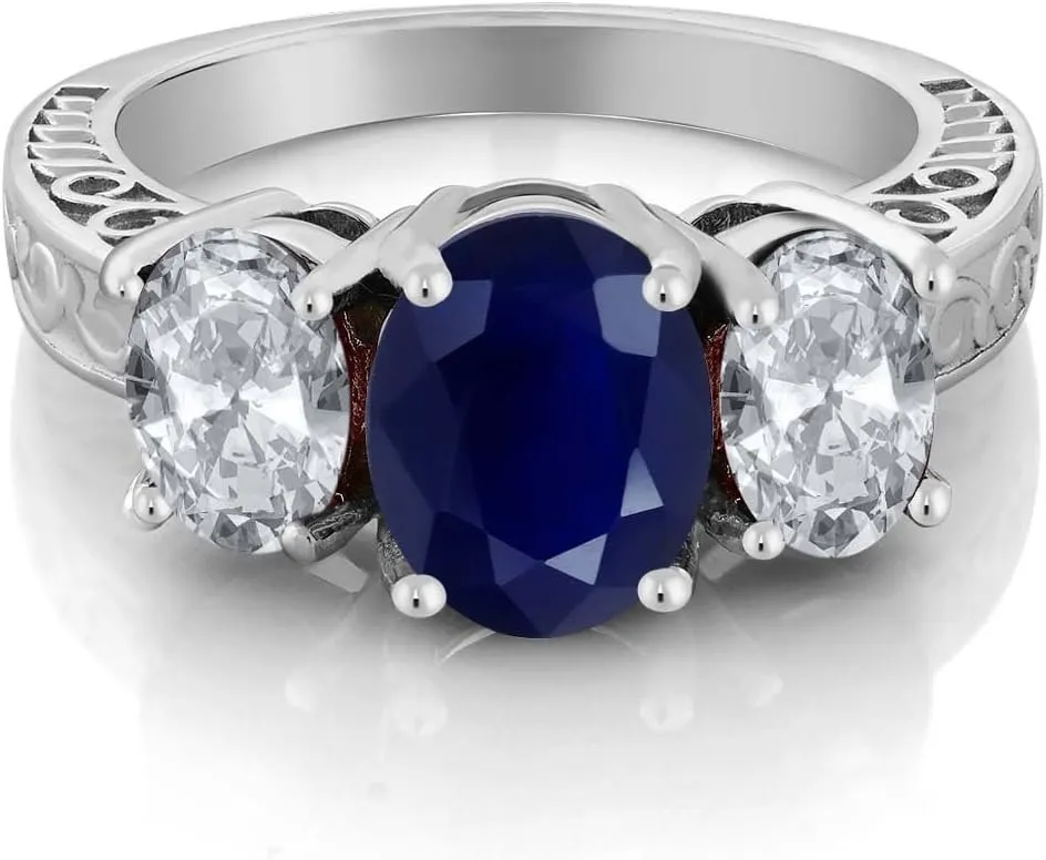 Gem Stone King 925 Sterling Silver Blue Sapphire and White Topaz 3-Stone Engagement Ring For Women (4.40 Cttw, Oval 9X7MM and 7X5MM, Available in size 5, 6, 7, 8, 9)