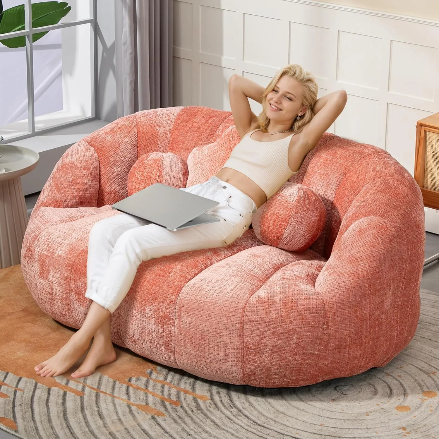 Giant Bean Bag Chair for Adults with 3 Pillows & High Backrest, Oversized Cozy Bean Bag Couch Loveseat Sofa with Memory Foam, Large Lazy Sofa for Living Room, Bedroom, Apartment, Pink