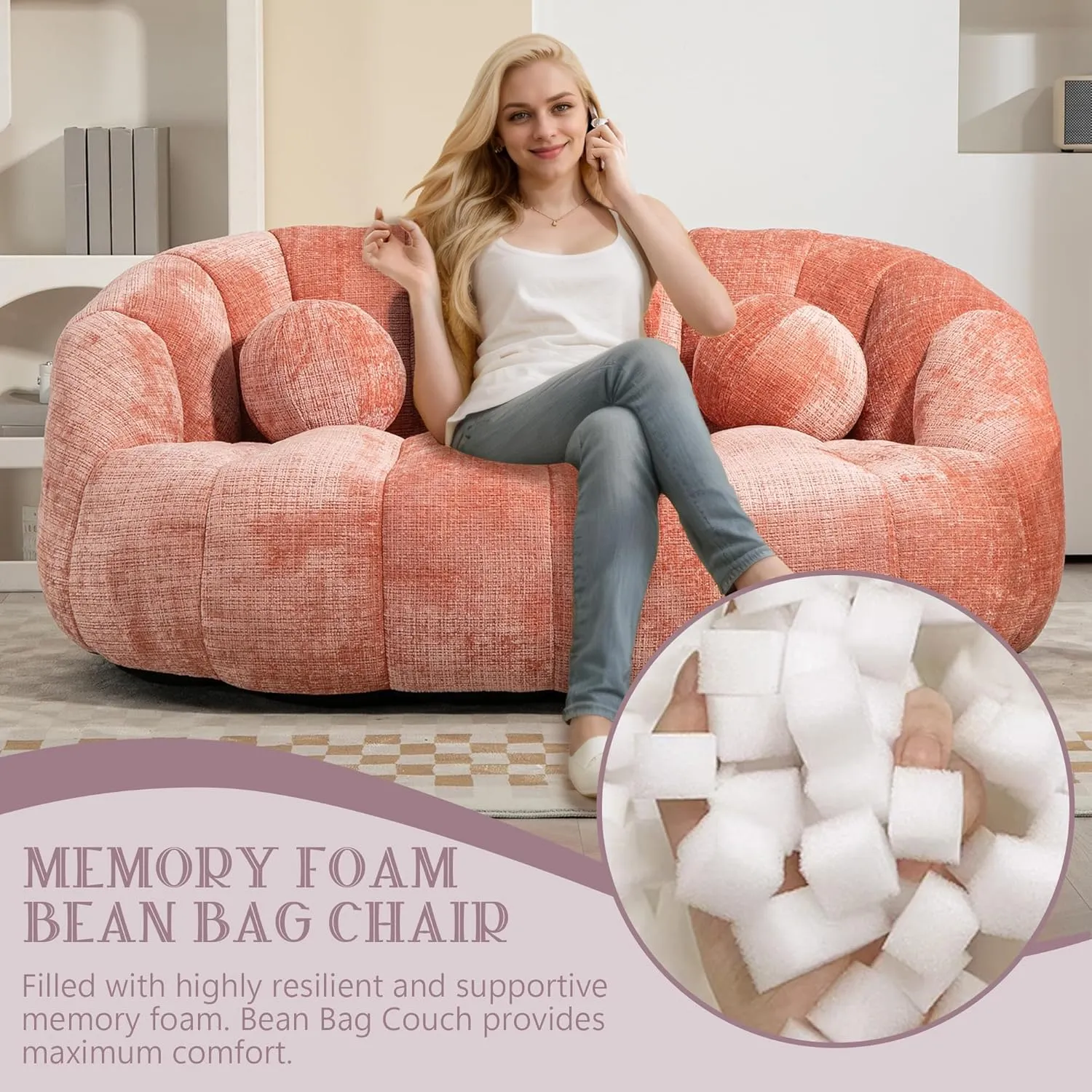 Giant Bean Bag Chair for Adults with 3 Pillows & High Backrest, Oversized Cozy Bean Bag Couch Loveseat Sofa with Memory Foam, Large Lazy Sofa for Living Room, Bedroom, Apartment, Pink