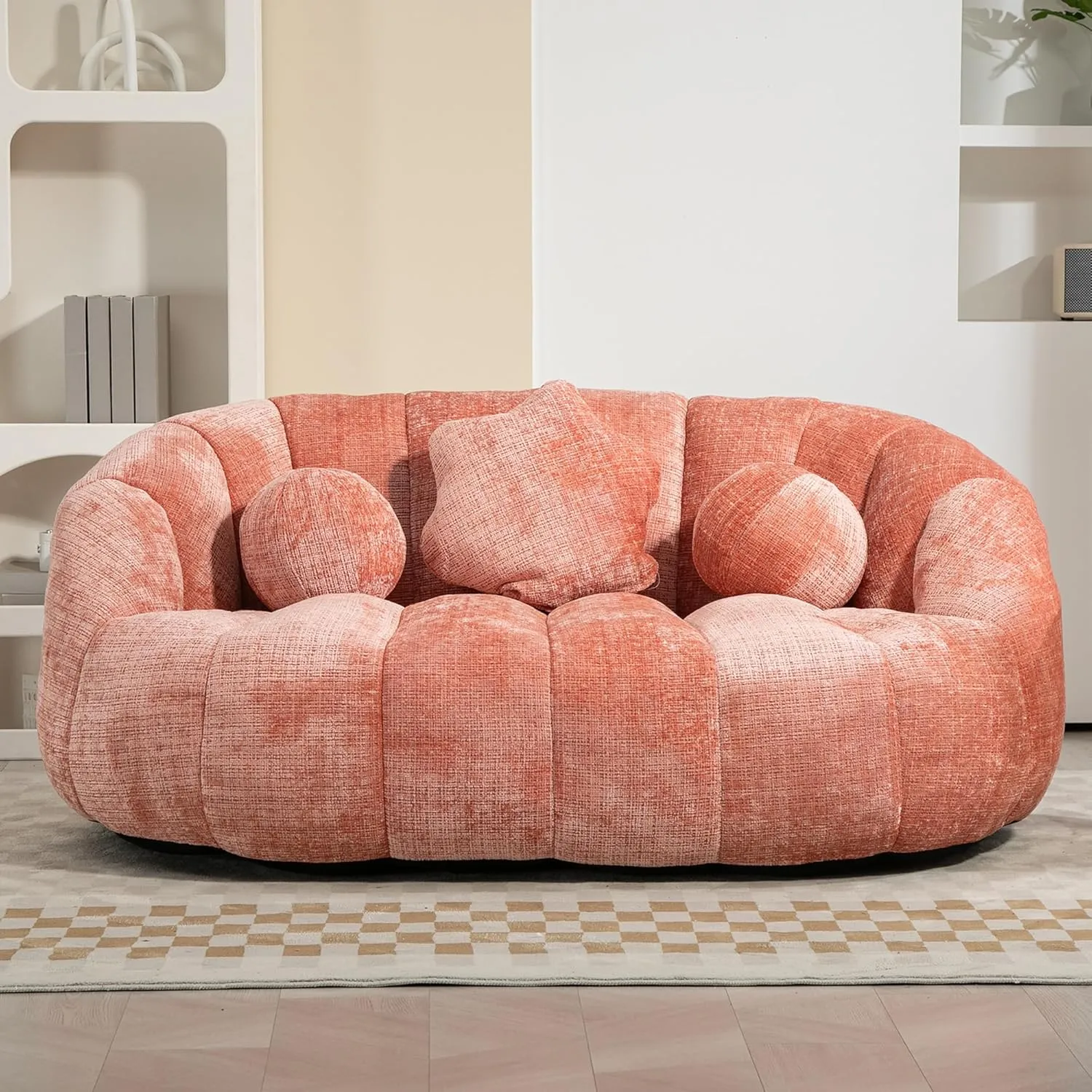 Giant Bean Bag Chair for Adults with 3 Pillows & High Backrest, Oversized Cozy Bean Bag Couch Loveseat Sofa with Memory Foam, Large Lazy Sofa for Living Room, Bedroom, Apartment, Pink