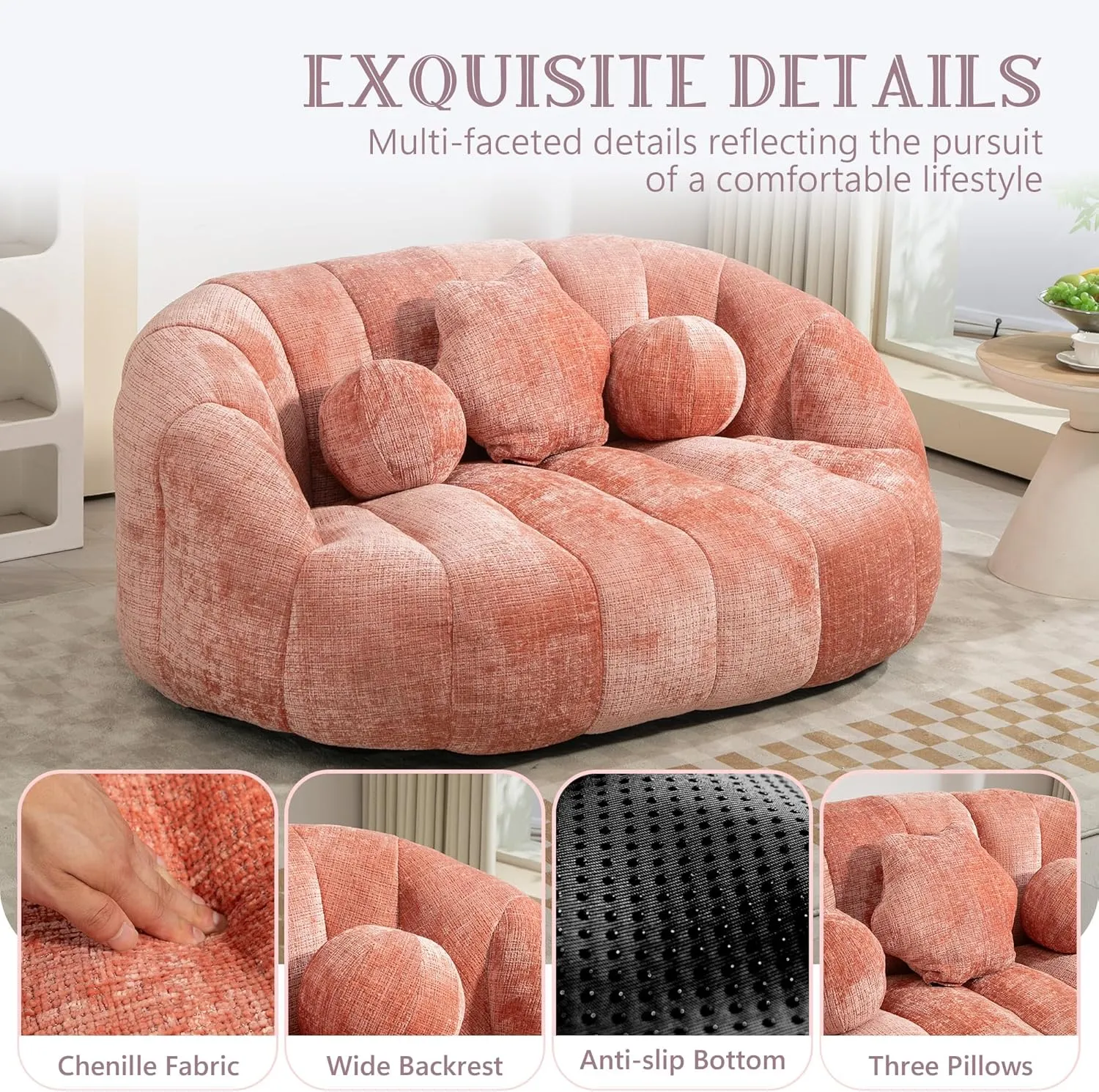 Giant Bean Bag Chair for Adults with 3 Pillows & High Backrest, Oversized Cozy Bean Bag Couch Loveseat Sofa with Memory Foam, Large Lazy Sofa for Living Room, Bedroom, Apartment, Pink