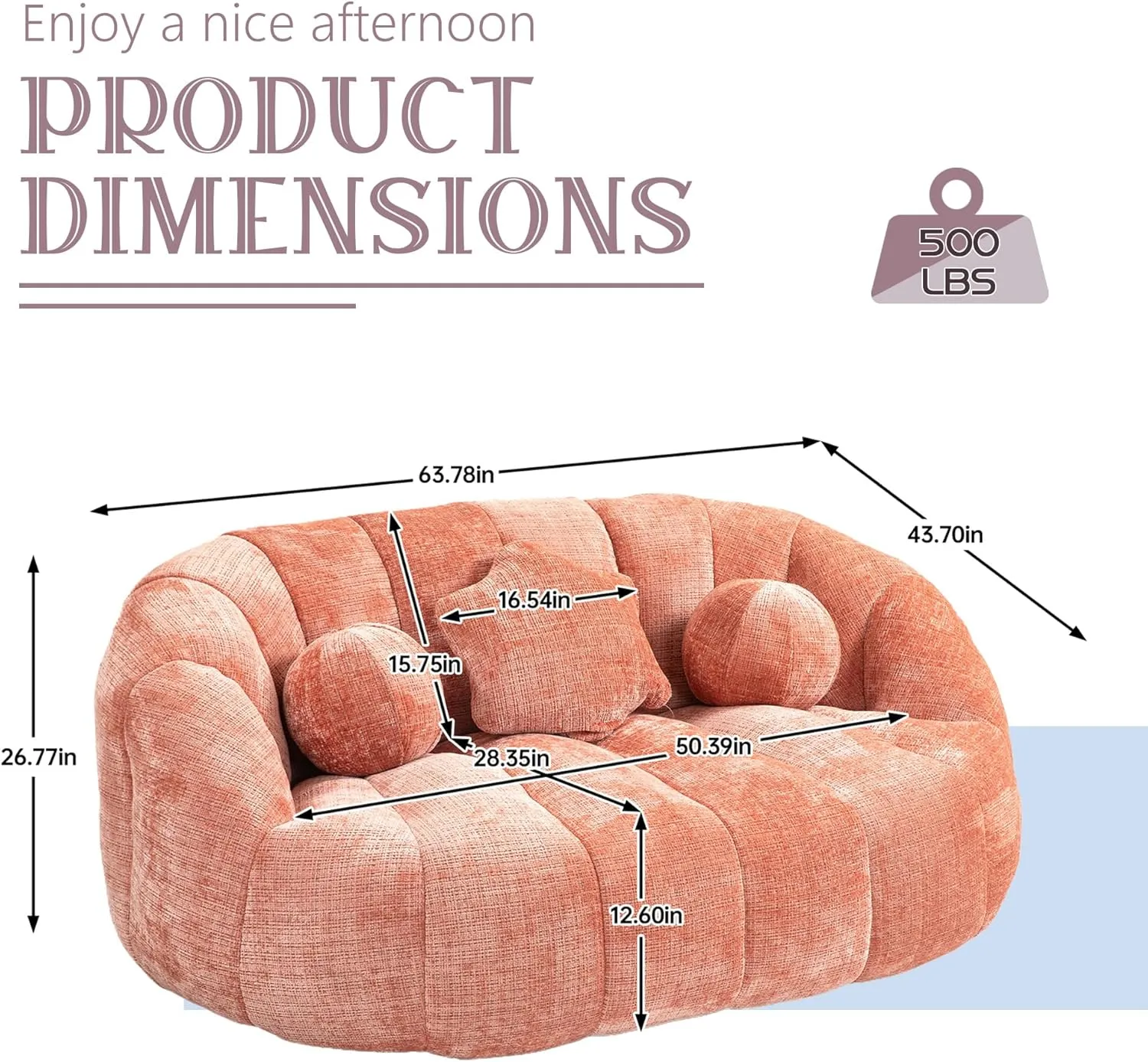 Giant Bean Bag Chair for Adults with 3 Pillows & High Backrest, Oversized Cozy Bean Bag Couch Loveseat Sofa with Memory Foam, Large Lazy Sofa for Living Room, Bedroom, Apartment, Pink
