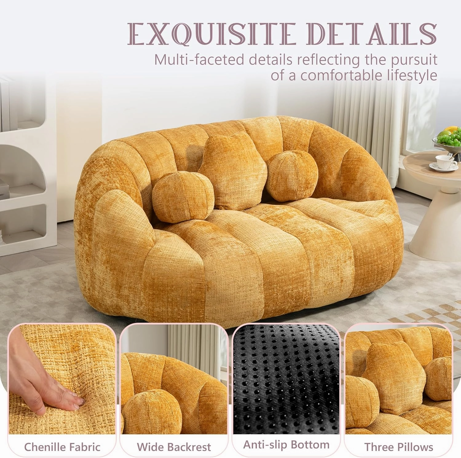 Giant Bean Bag Chair for Adults with 3 Pillows & High Backrest, Oversized Cozy Bean Bag Couch Loveseat Sofa with Memory Foam, Large Lazy Sofa for Living Room, Bedroom, Apartment, Yellow