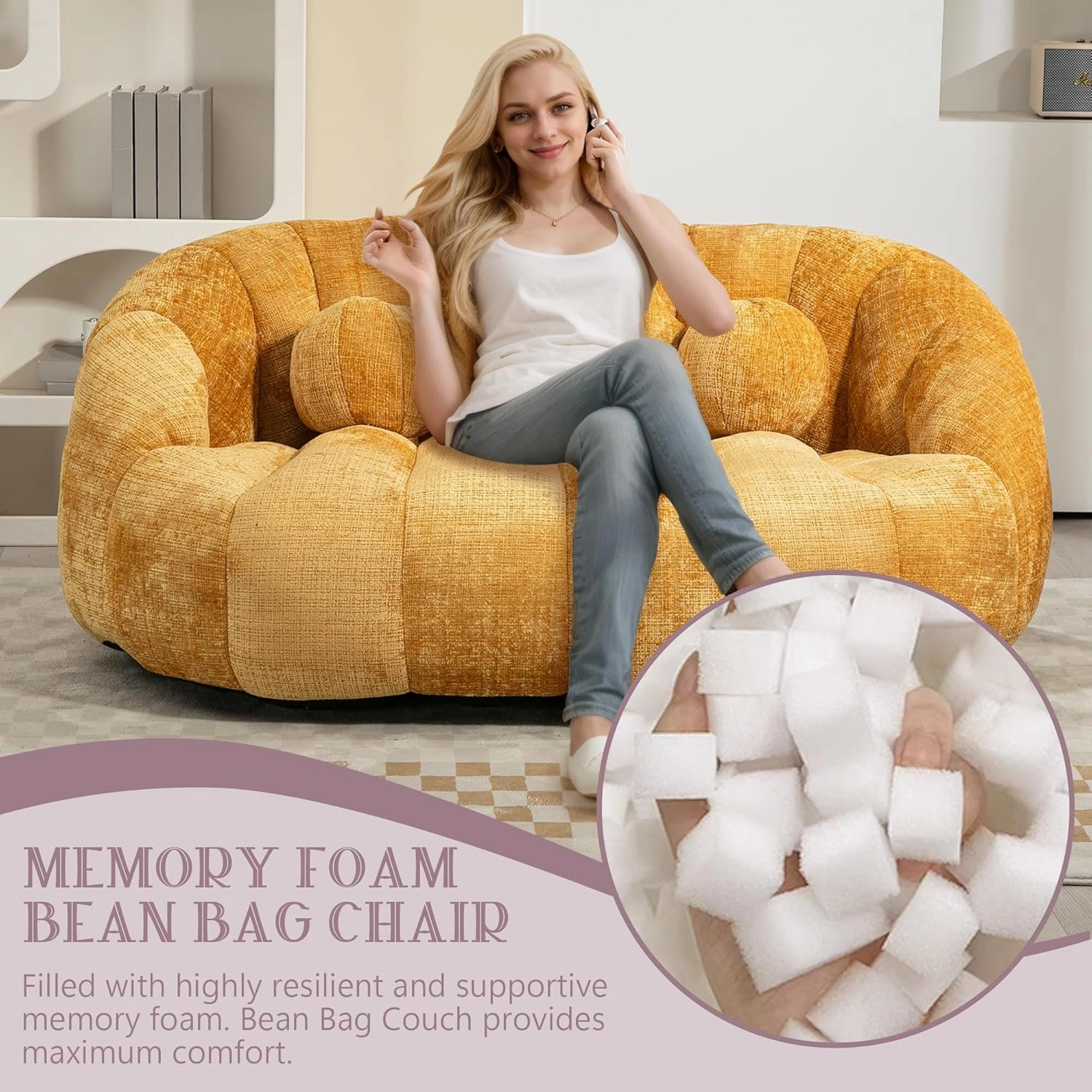 Giant Bean Bag Chair for Adults with 3 Pillows & High Backrest, Oversized Cozy Bean Bag Couch Loveseat Sofa with Memory Foam, Large Lazy Sofa for Living Room, Bedroom, Apartment, Yellow