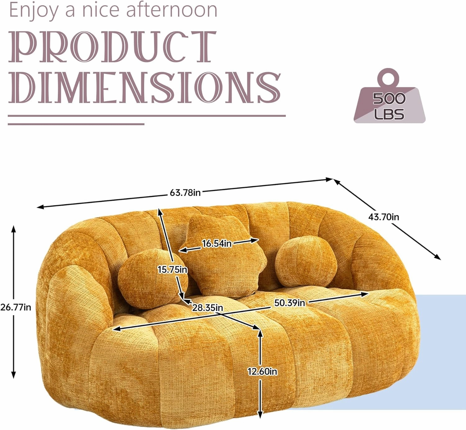 Giant Bean Bag Chair for Adults with 3 Pillows & High Backrest, Oversized Cozy Bean Bag Couch Loveseat Sofa with Memory Foam, Large Lazy Sofa for Living Room, Bedroom, Apartment, Yellow