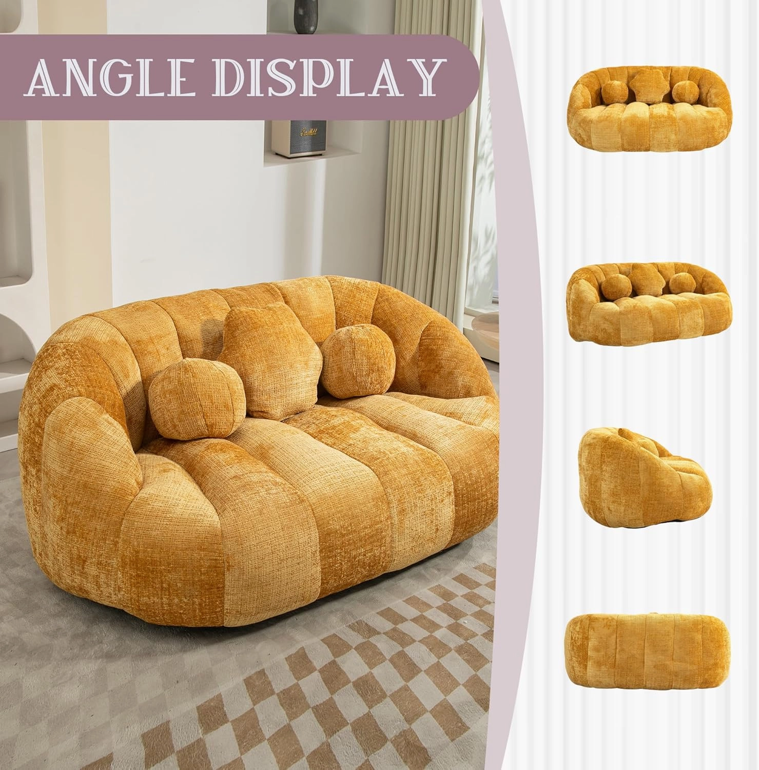 Giant Bean Bag Chair for Adults with 3 Pillows & High Backrest, Oversized Cozy Bean Bag Couch Loveseat Sofa with Memory Foam, Large Lazy Sofa for Living Room, Bedroom, Apartment, Yellow