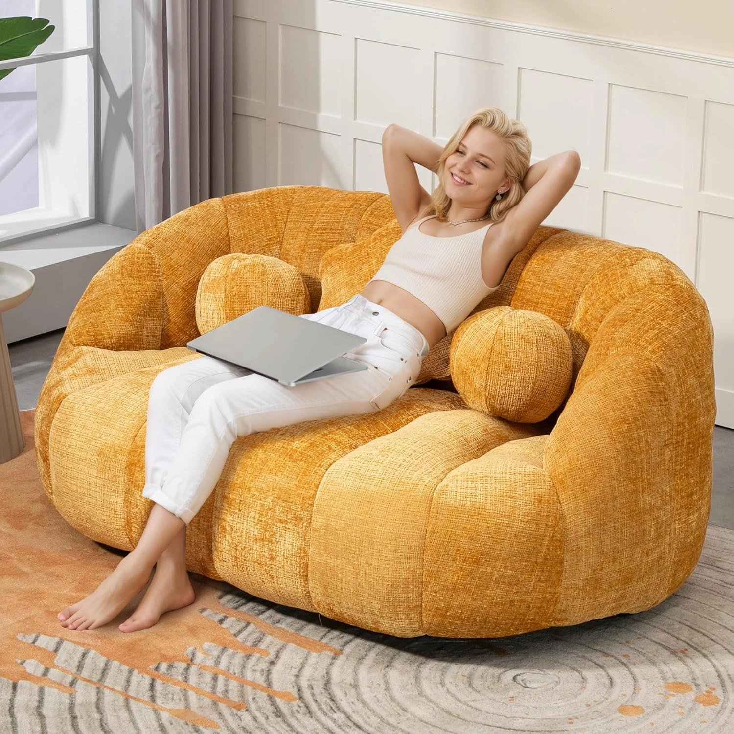 Giant Bean Bag Chair for Adults with 3 Pillows & High Backrest, Oversized Cozy Bean Bag Couch Loveseat Sofa with Memory Foam, Large Lazy Sofa for Living Room, Bedroom, Apartment, Yellow