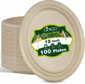Ginkgo 100 Pack Oval Heavy Duty Paper Plates 12 Inch, Disposable Large Paper Plates Bulk for BBQ, Party, Picnic, Dessert and Every Day