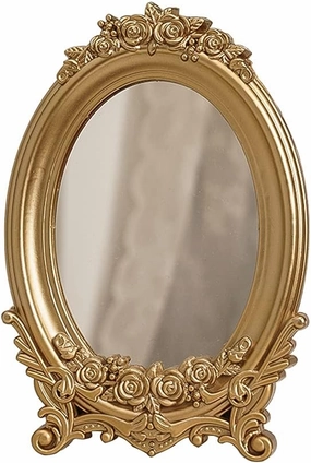 GISELA D Vintage Carved Gold Makeup Mirror Beautiful Desktop Decorative Cosmetic Mirror Oval for Room Dresser Table Vanity Desk (No.1)