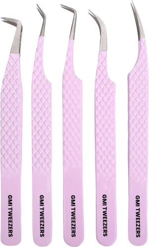 GMI Lash Tweezers - Set of 5 Stainless Steel Eyelash Extension Tweezers - Multipurpose for Individual Extensions (Pink)
