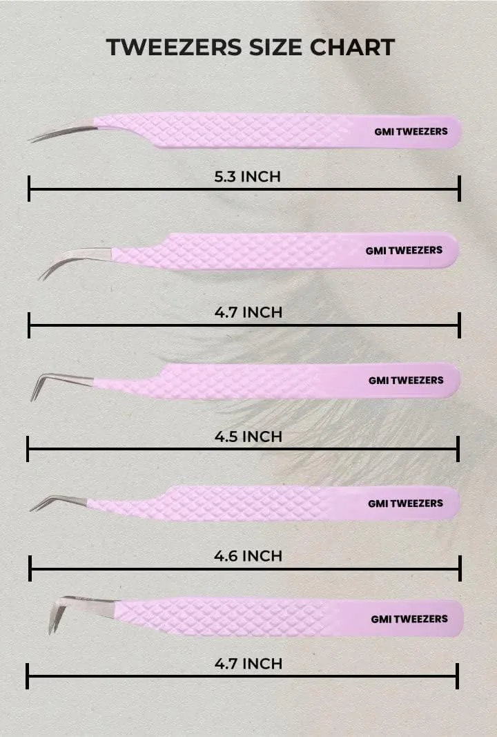 GMI Lash Tweezers - Set of 5 Stainless Steel Eyelash Extension Tweezers - Multipurpose for Individual Extensions (Pink)