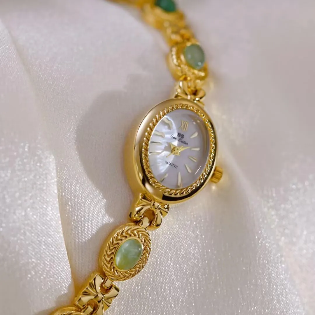 Gosasa Gold Watch for Women Vintage Bracelet Luxury Natural Gemstone Oval Dial Stainless Steel Waterproof Elegant Women's Analog Qaurtz Watch