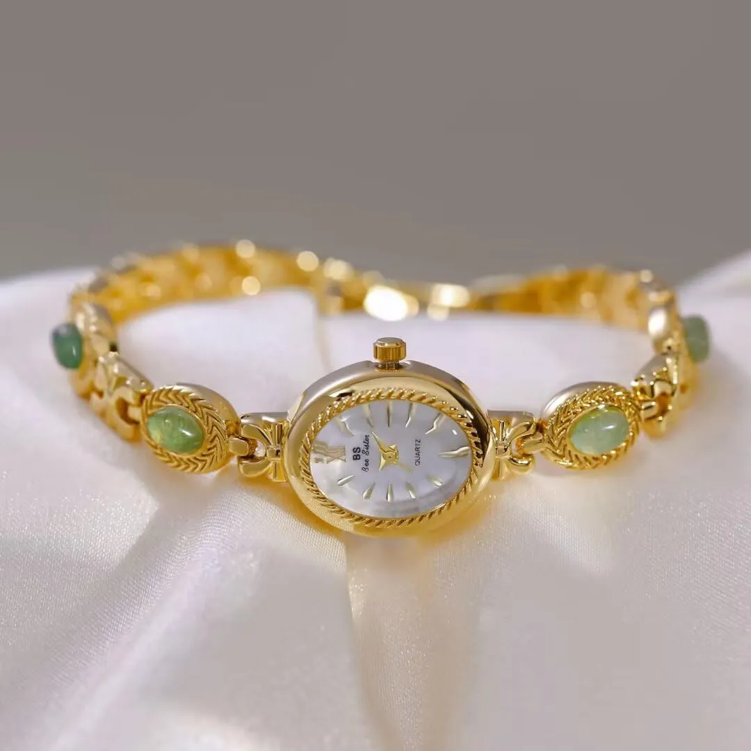 Gosasa Gold Watch for Women Vintage Bracelet Luxury Natural Gemstone Oval Dial Stainless Steel Waterproof Elegant Women's Analog Qaurtz Watch