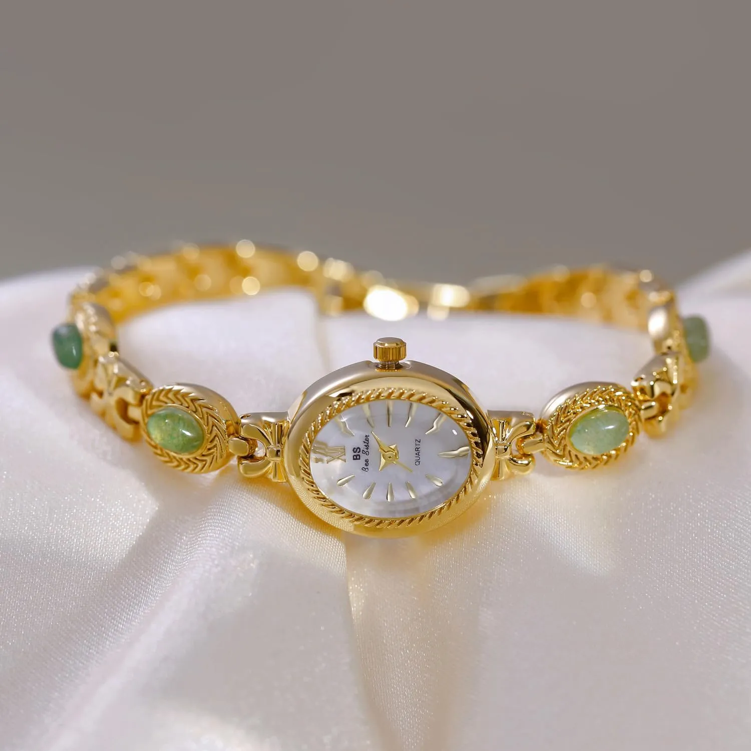 Gosasa Gold Watch for Women Vintage Bracelet Luxury Natural Gemstone Oval Dial Stainless Steel Waterproof Elegant Women's Analog Qaurtz Watch