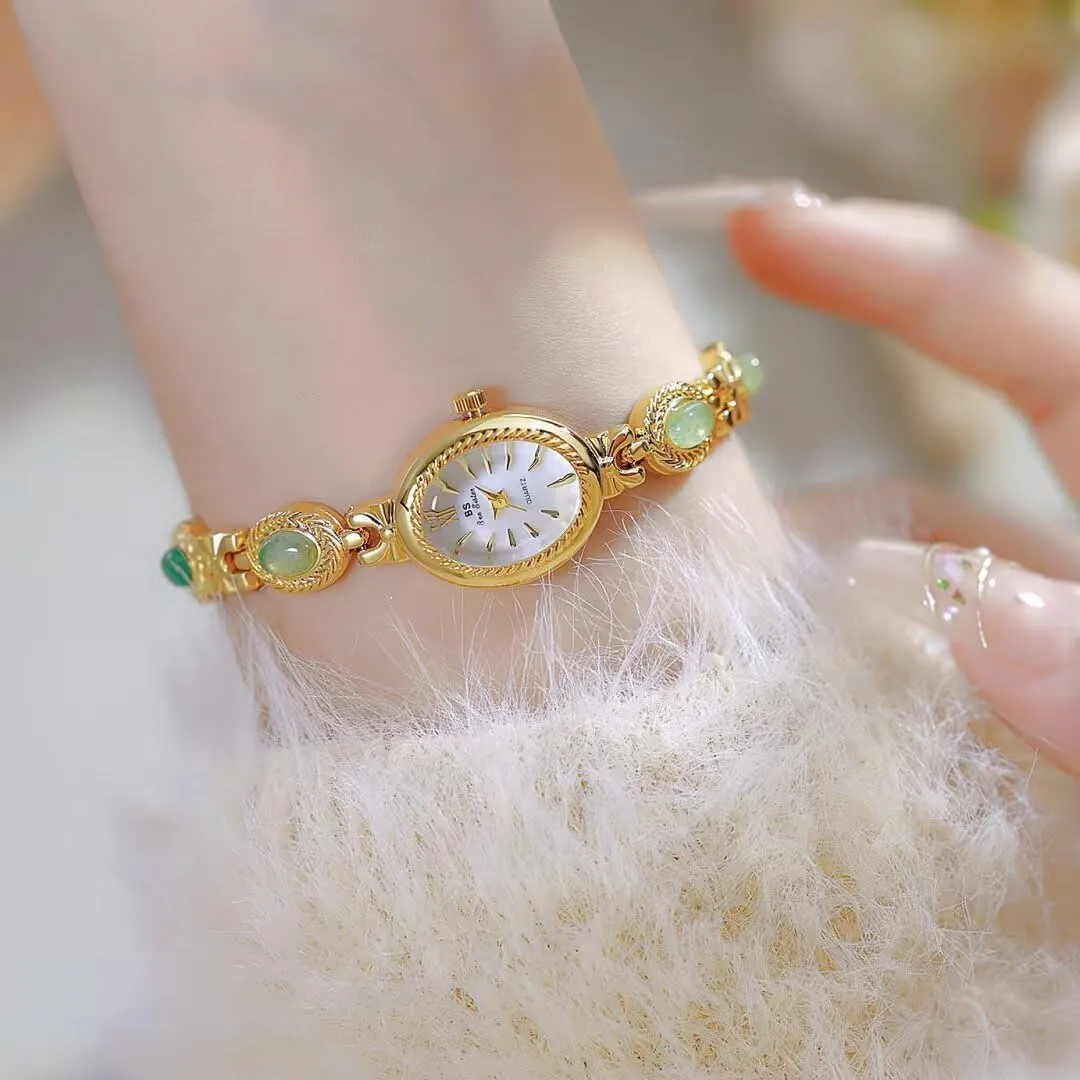 Gosasa Gold Watch for Women Vintage Bracelet Luxury Natural Gemstone Oval Dial Stainless Steel Waterproof Elegant Women's Analog Qaurtz Watch