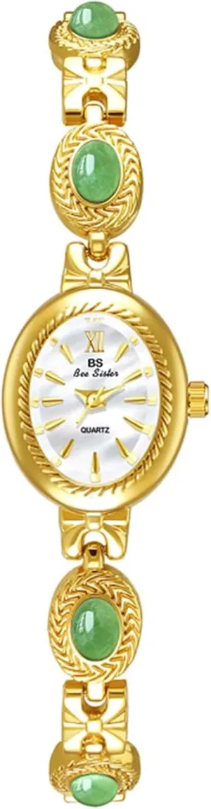 Gosasa Gold Watch for Women Vintage Bracelet Luxury Natural Gemstone Oval Dial Stainless Steel Waterproof Elegant Women's Analog Qaurtz Watch