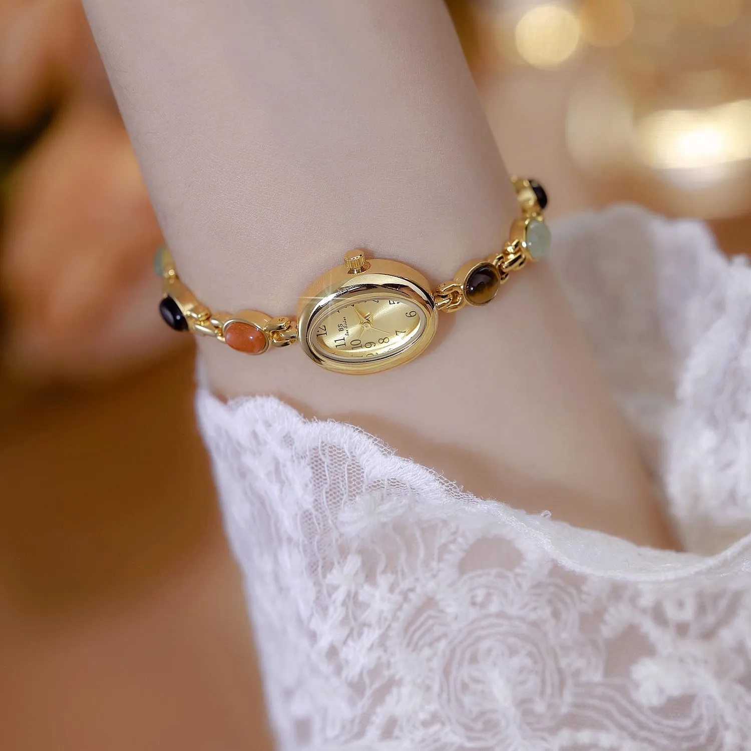 Gosasa Vintage Pearl Bracelet Watch for Women Elegant Small Oval Dial Jewelry Wristwatch Waterproof Dainty Gold Ladies Gift Watch for Mom Wife