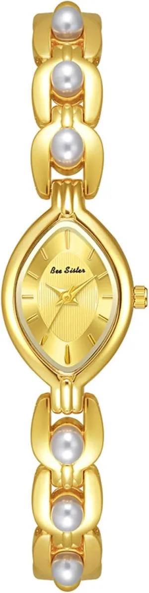 Gosasa Vintage Pearl Bracelet Watch for Women Elegant Small Oval Dial Jewelry Wristwatch Waterproof Dainty Gold Ladies Gift Watch for Mom Wife