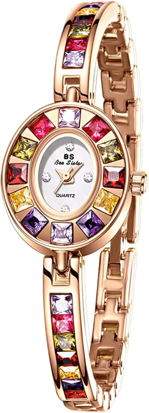 Gosasa Vintage Women's Dress Watch Colorful Crystal Oval Bracelet Ladies Small Dial Quartz Waterproof Dainty Wrist Watch Adjustment Tool Included