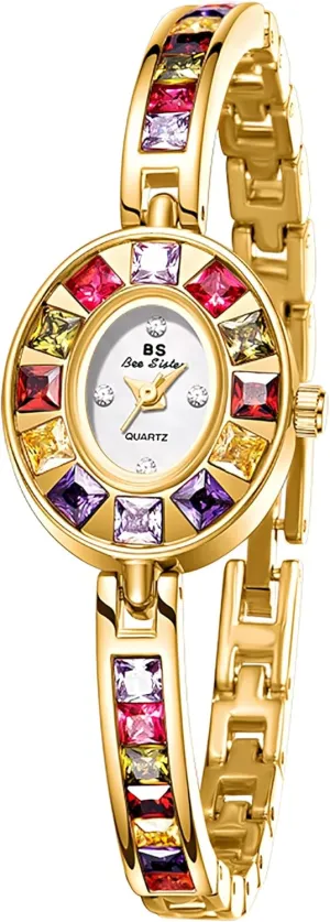 Gosasa Vintage Women's Dress Watch Colorful Crystal Oval Bracelet Ladies Small Dial Quartz Waterproof Dainty Wrist Watch Adjustment Tool Included