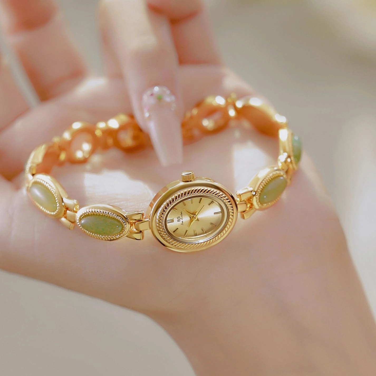 Gosasa Gold Watch for Women Vintage Bracelet Luxury Natural Gemstone Oval Dial Stainless Steel Waterproof Elegant Women's Analog Qaurtz Watch