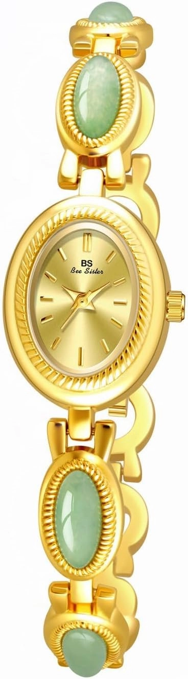 Gosasa Gold Watch for Women Vintage Bracelet Luxury Natural Gemstone Oval Dial Stainless Steel Waterproof Elegant Women's Analog Qaurtz Watch