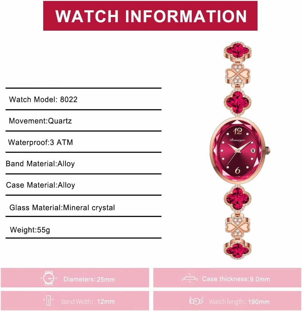 Gosasa Stylish Women's Bracelet Petal Oval Quartz Watch Luxury Elegant Dress Four-Leaf Clover Waterproof Ladies Diamond Wristwatch with Date