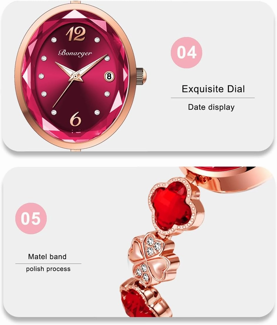 Gosasa Stylish Women's Bracelet Petal Oval Quartz Watch Luxury Elegant Dress Four-Leaf Clover Waterproof Ladies Diamond Wristwatch with Date