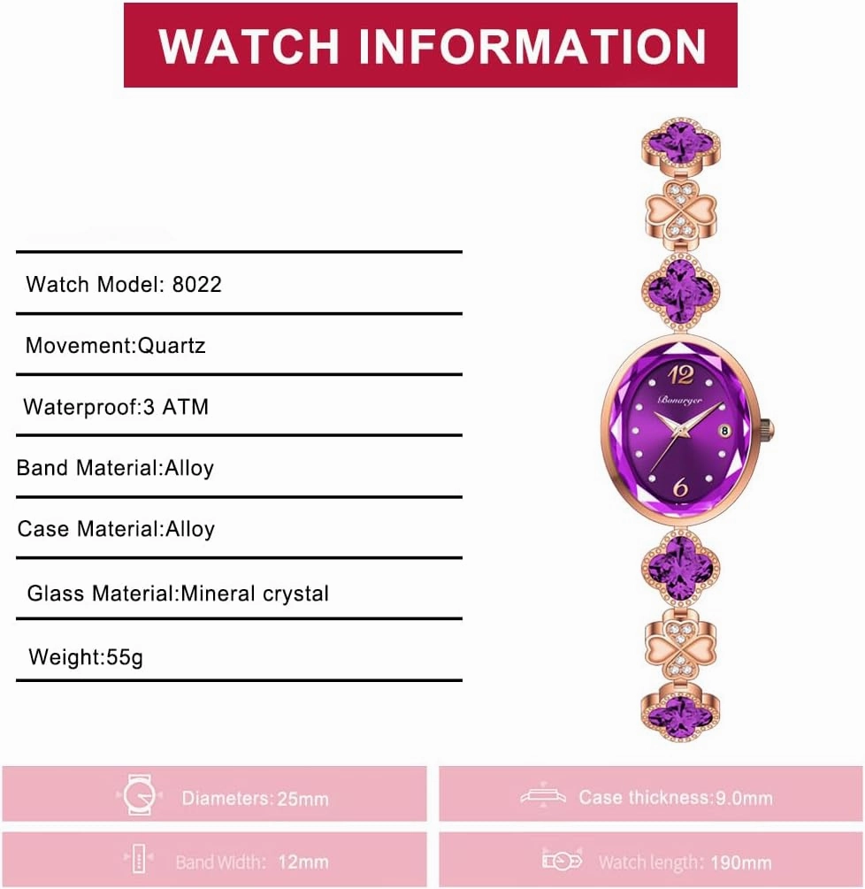 Gosasa Stylish Women's Bracelet Petal Oval Quartz Watch Luxury Elegant Dress Four-Leaf Clover Waterproof Ladies Diamond Wristwatch with Date