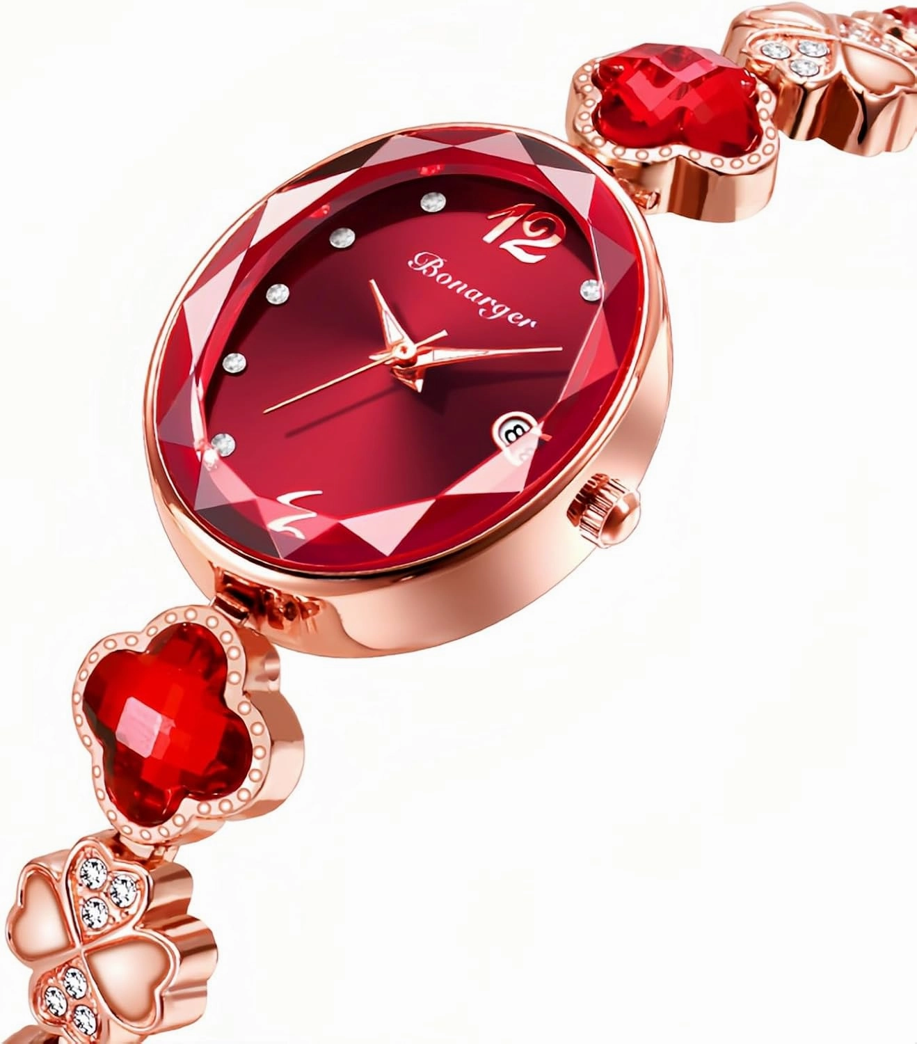 Gosasa Stylish Women's Bracelet Petal Oval Quartz Watch Luxury Elegant Dress Four-Leaf Clover Waterproof Ladies Diamond Wristwatch with Date