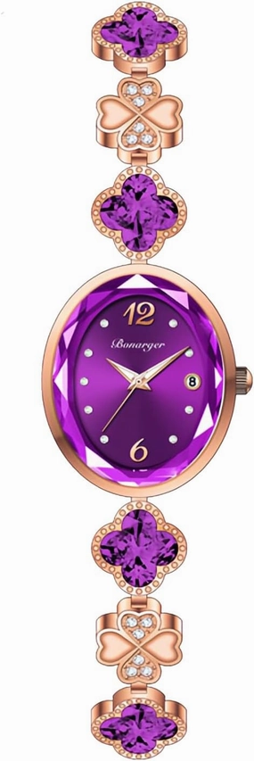 Gosasa Stylish Women's Bracelet Petal Oval Quartz Watch Luxury Elegant Dress Four-Leaf Clover Waterproof Ladies Diamond Wristwatch with Date