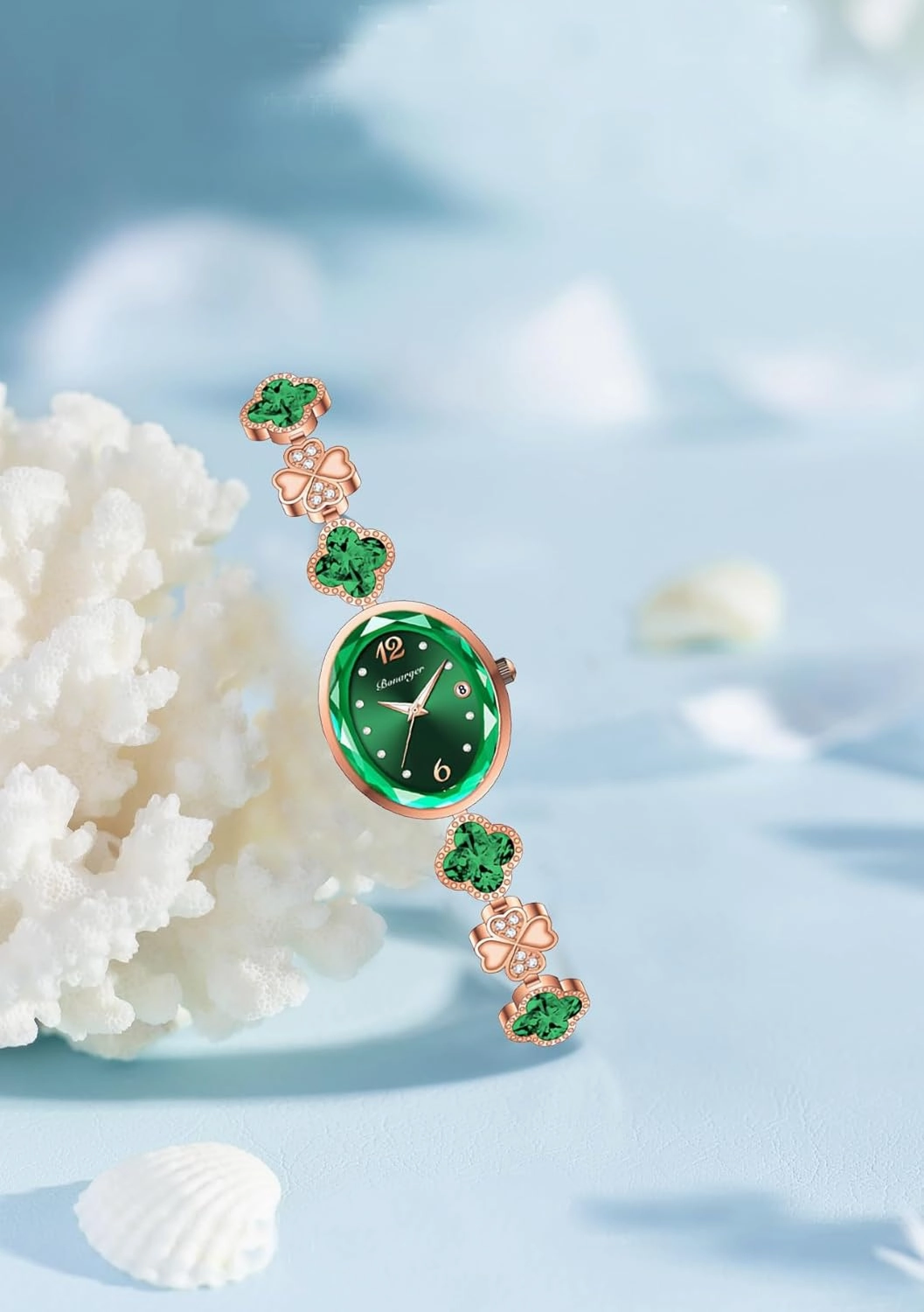 Gosasa Stylish Women's Bracelet Petal Oval Quartz Watch Luxury Elegant Dress Four-Leaf Clover Waterproof Ladies Diamond Wristwatch with Date