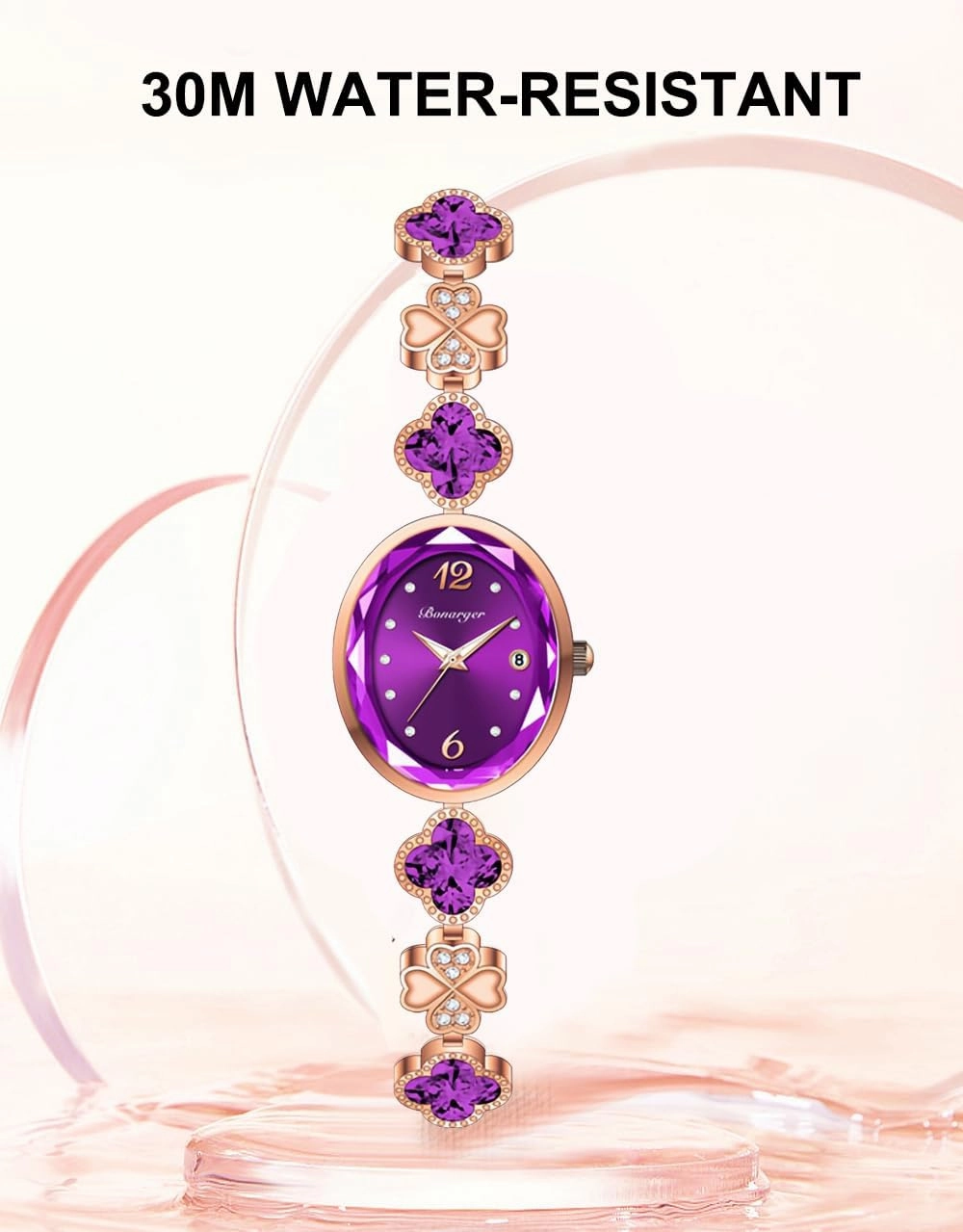 Gosasa Stylish Women's Bracelet Petal Oval Quartz Watch Luxury Elegant Dress Four-Leaf Clover Waterproof Ladies Diamond Wristwatch with Date
