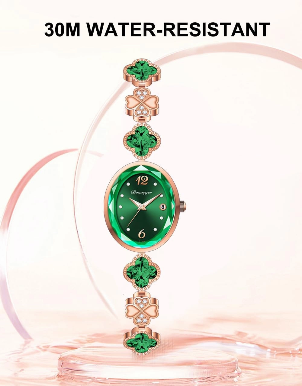 Gosasa Stylish Women's Bracelet Petal Oval Quartz Watch Luxury Elegant Dress Four-Leaf Clover Waterproof Ladies Diamond Wristwatch with Date