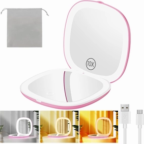 Gospire 3.9" Rechargeable Travel Makeup Mirror with Lights and Magnification 10X, 3 Light Colors & Adjustable Brightness, Magnetic Closure & Memory Function, LED Compact Mirror for Purse - Purple Pink